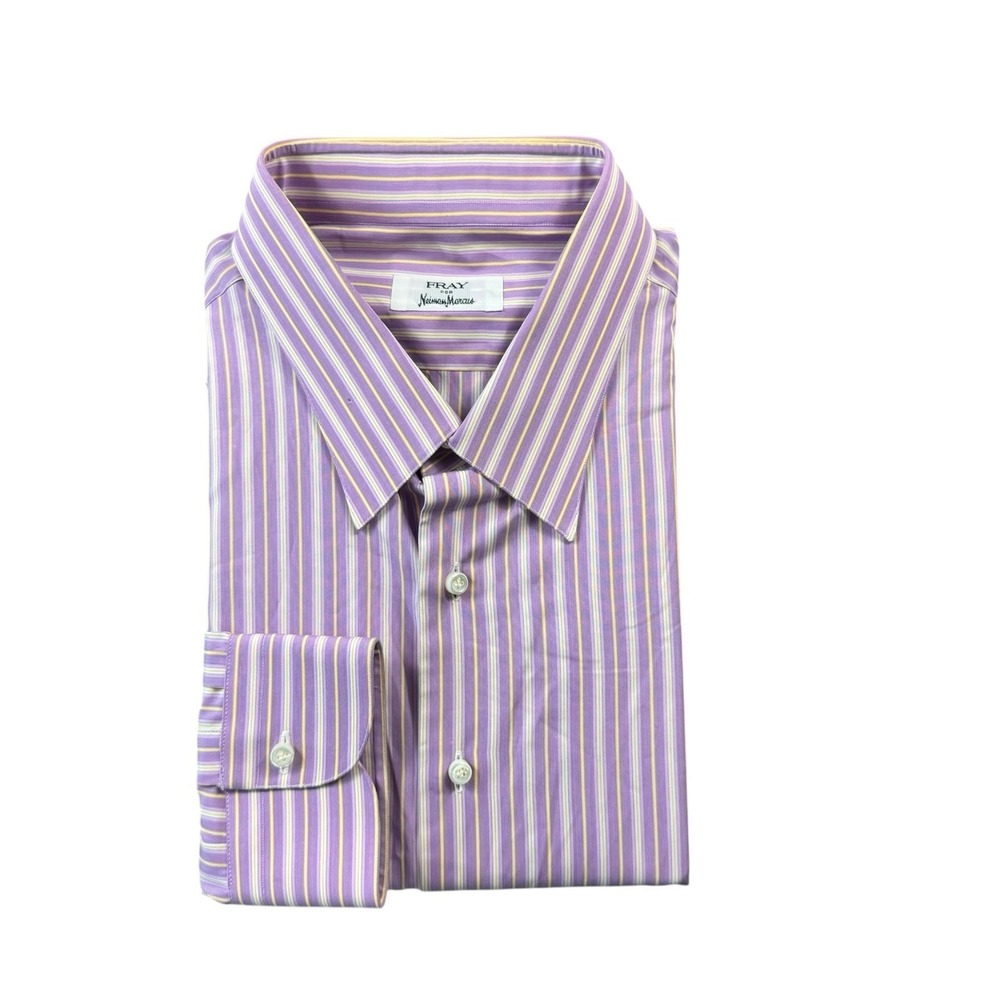 Fray for Neiman Marcus Mens Striped Cotton Button Front Shirt Purple Yellow 18L